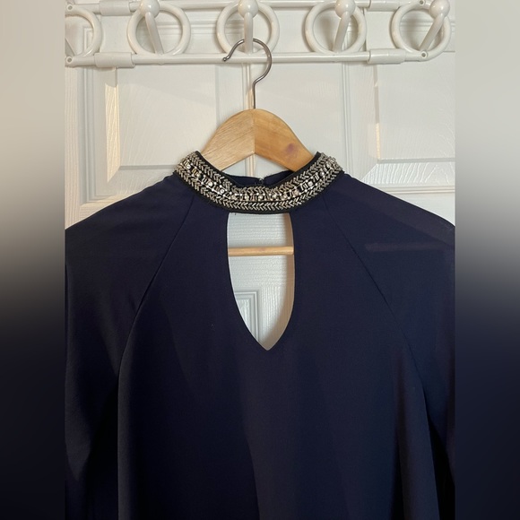 Navy evenings dress with sequenced collar, size small - Picture 3 of 9